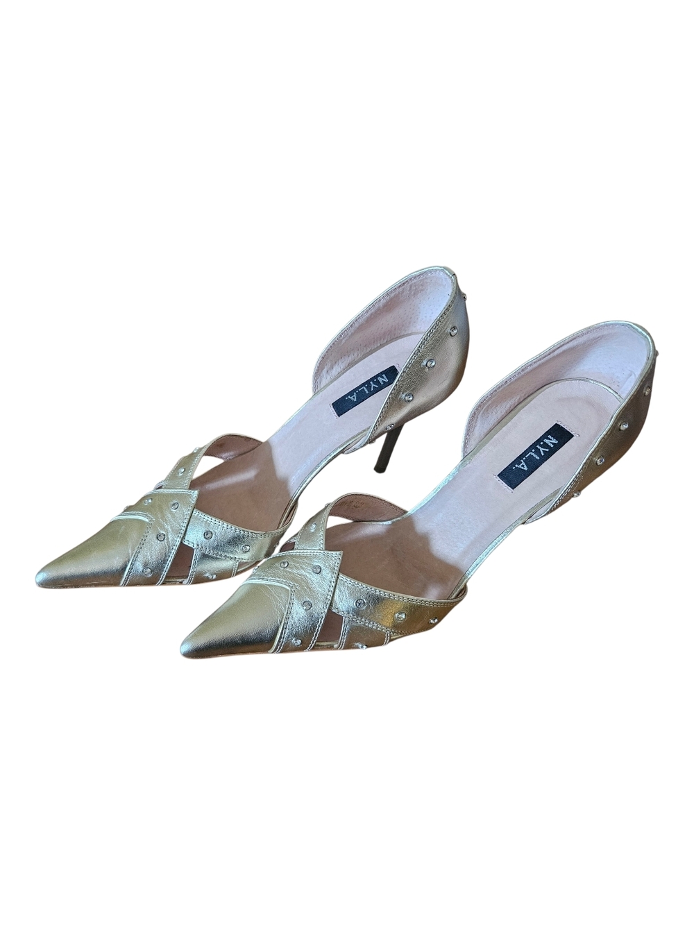 N.Y.L.A. Metallic Gold Pointed D'Orsay Studded Heels